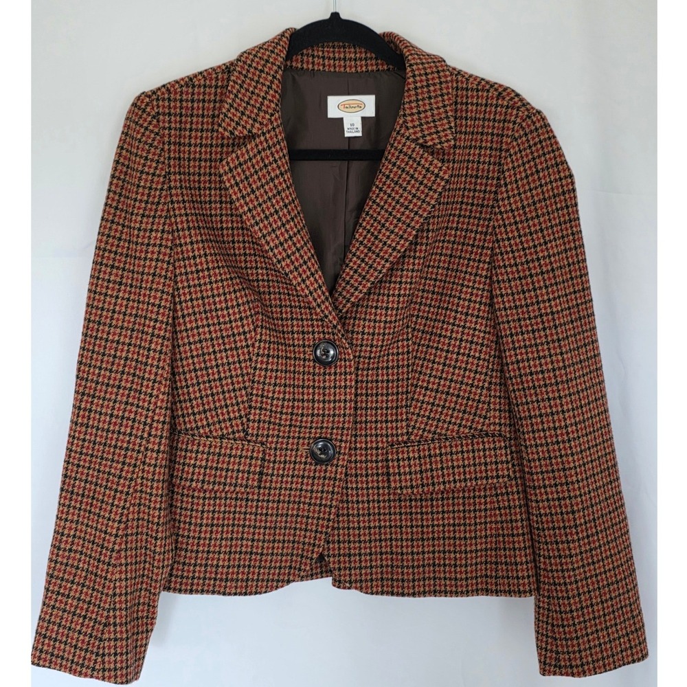 Talbots 100% Wool Houndstooth Blazer 10 Button Front Jacket Pockets Peplum Back